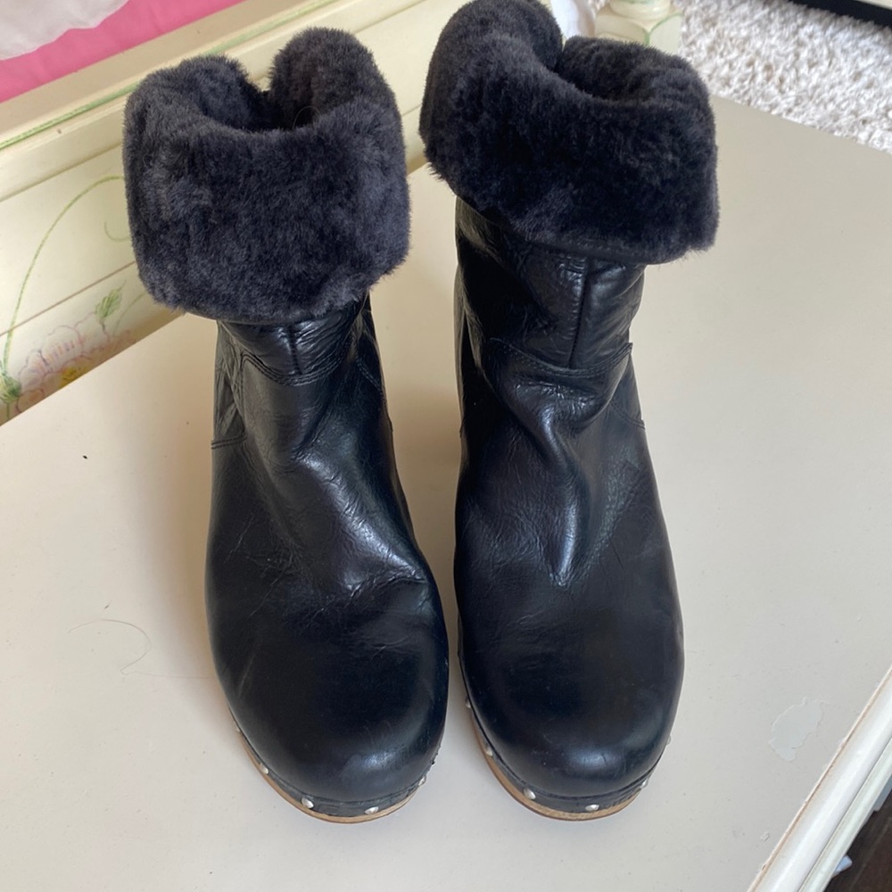 UGG Black Leather Shearling Cuff Heeled Boots